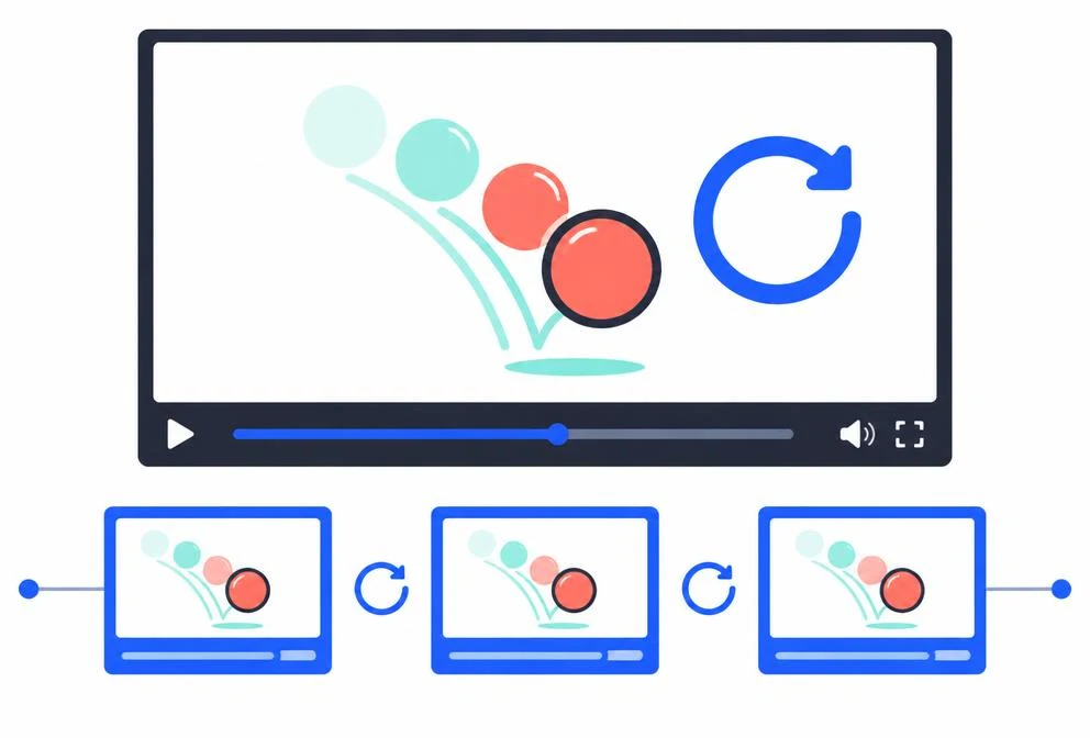 Looping video example: the same short bouncing-ball clip appears repeatedly on a timeline, connected by repeat arrows.