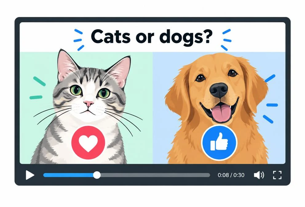 Static image poll example: a still cats-or-dogs picture asks viewers to vote with a heart or thumbs-up reaction.