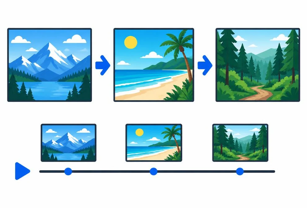 Slideshow example: separate still pictures of mountains, a beach and a forest play one after another.