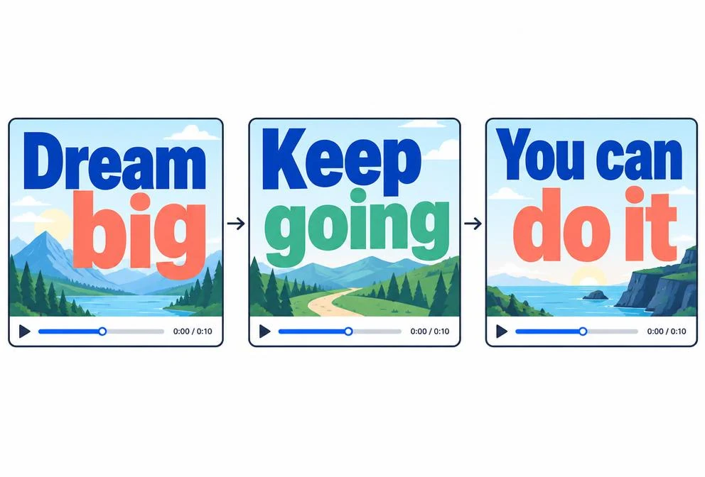 Text montage example: landscape images are mostly covered by large motivational words across three successive frames.