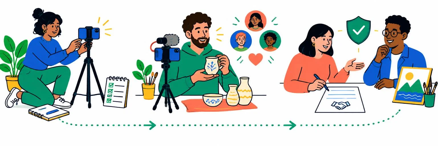 Creators setting up a camera, filming original work, then collaborating and protecting their work, connected by arrows.