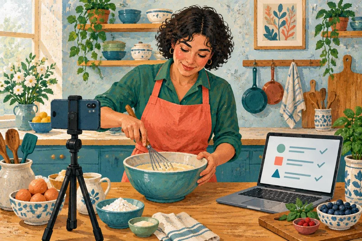 Ivy filming home cooking while a learning checklist is open beside her mixing bowl.