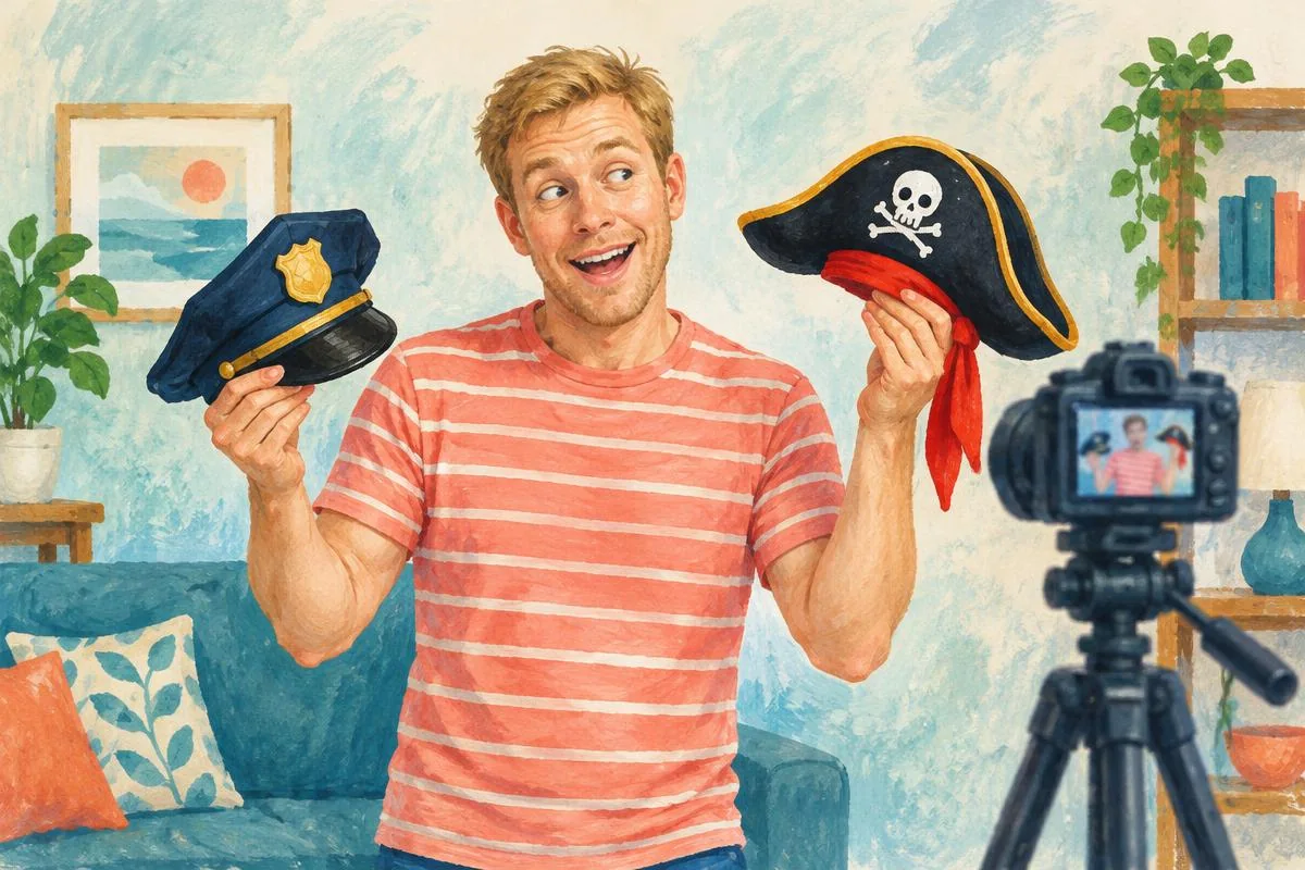 Nate rehearsing a comedy skit with two character hats and his own camera.