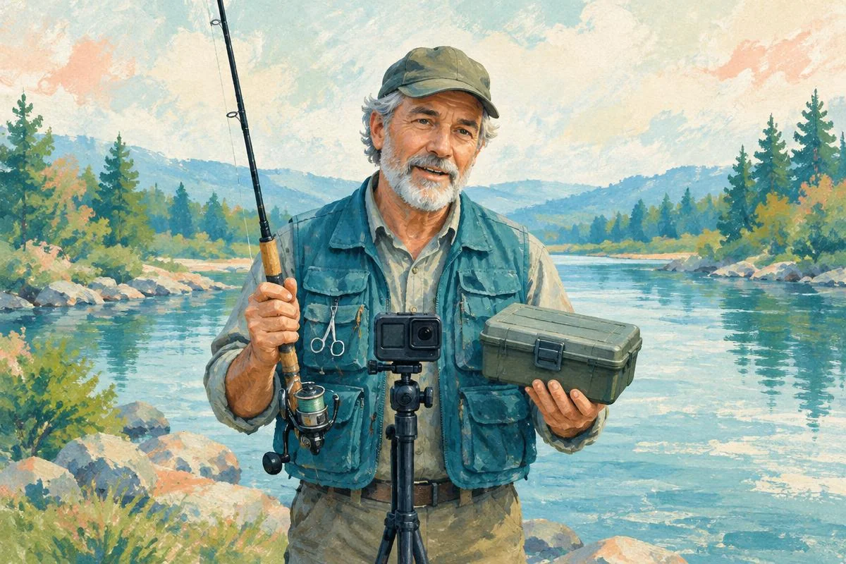 Ray filming a fishing tutorial beside a river with a rod and tackle box.